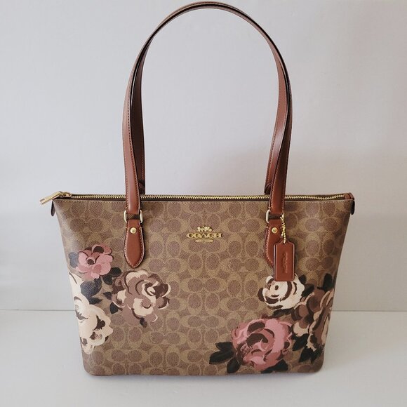 Coach CZ180 Signature Rose Gallery Tote Top Zip Handbag Tan Multi - Picture 1 of 7